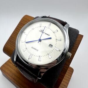Beinuo Quartz Dress Watch Silver Dial Blue Hands Date Brown Leather Strap